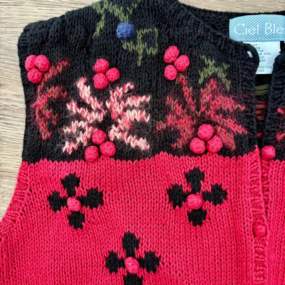Vintage Ciel Bleu Cottagecore Hand Knit Grandma Sweater Vest with Berry Accents